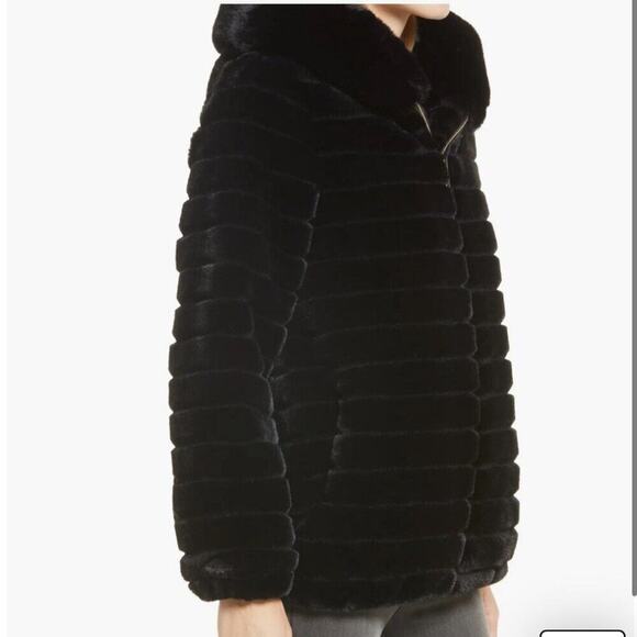GALLERY NEW YORK COAT HOODED GROOVED FAUX FUR BLACK ZIP UP Sz L MOBWIFE GOTHCORE - Picture 2 of 15